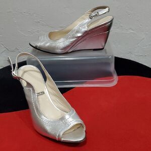 Il Decollete Silver Wedge Slingback Leather Sandals Made In Italy Size 37 Or 6